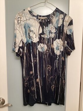 Jason Wu Designer Abstract Floral Print Top,  Size 4, Navy/ Blue/ Cream